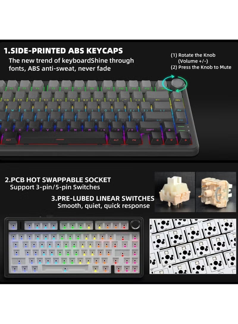 ROCK POW X75 Wireless Gasket RGB Backlit Gaming Keyboard,Tri-Mode BT5.0/2.4GHz/USB-C Hot-Swappable Mechanical Keyboard,Rapid Trigger 1KHz Polling Rate Wired mode Pre-lubed Linear Switches,Sound Absorbing 75% Compact Layout with Knob,Side Printed Keycaps with Adjustable Actuation - Image 3