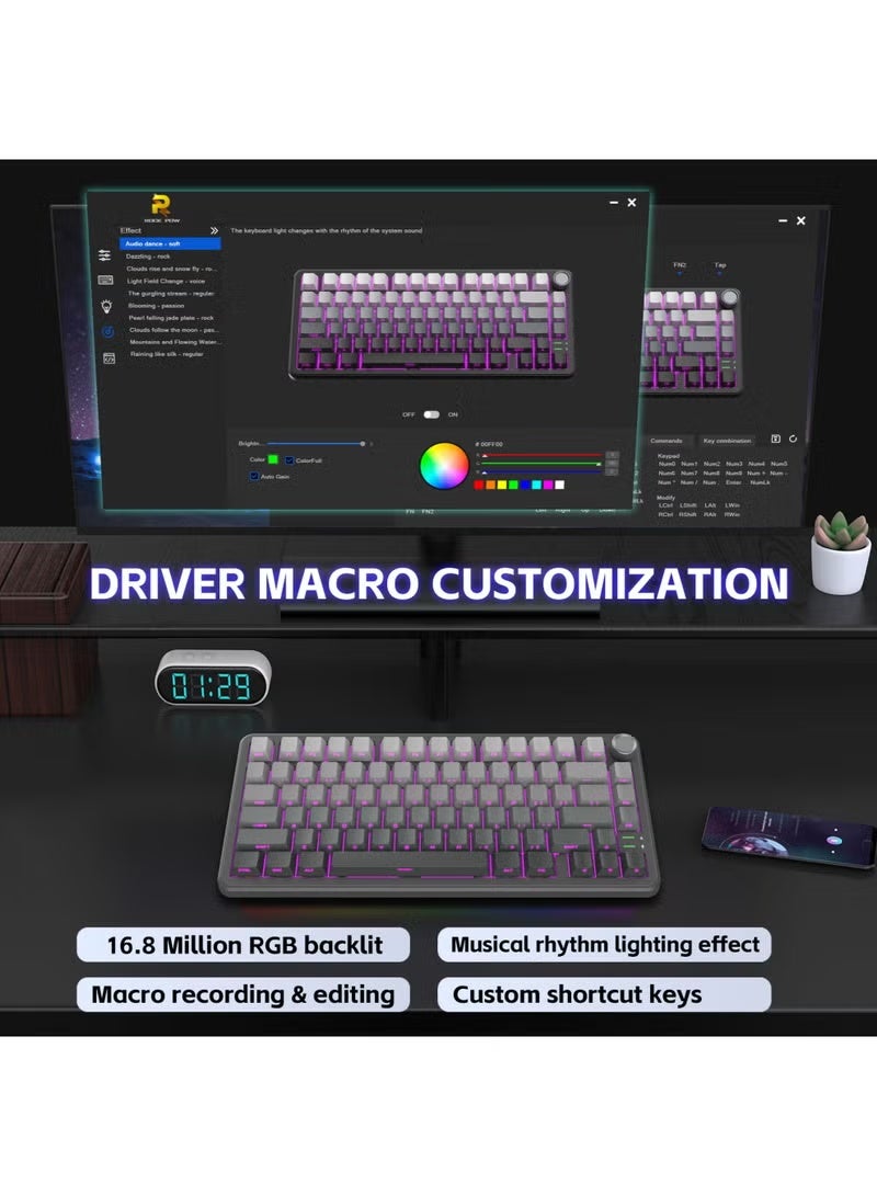 ROCK POW X75 Wireless Gasket RGB Backlit Gaming Keyboard,Tri-Mode BT5.0/2.4GHz/USB-C Hot-Swappable Mechanical Keyboard,Rapid Trigger 1KHz Polling Rate Wired mode Pre-lubed Linear Switches,Sound Absorbing 75% Compact Layout with Knob,Side Printed Keycaps with Adjustable Actuation - Image 4