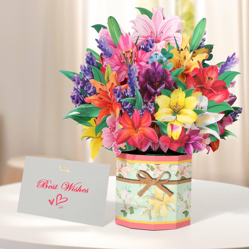 Tidponra Paper Flower Pop Up Cards, Lilies Flower Bouquet Card Popup 3D Greeting Cards for Mother's Day, Graduation, Anniversary, Birthday, Congratulations, Get Well, Home Decor, with Envelope and Note - Image 2