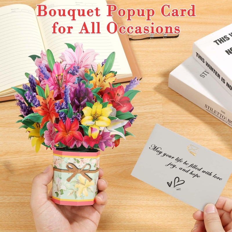 Tidponra Paper Flower Pop Up Cards, Lilies Flower Bouquet Card Popup 3D Greeting Cards for Mother's Day, Graduation, Anniversary, Birthday, Congratulations, Get Well, Home Decor, with Envelope and Note - Image 4