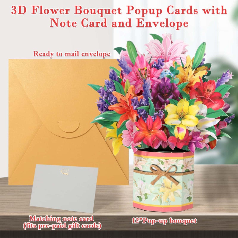Tidponra Paper Flower Pop Up Cards, Lilies Flower Bouquet Card Popup 3D Greeting Cards for Mother's Day, Graduation, Anniversary, Birthday, Congratulations, Get Well, Home Decor, with Envelope and Note - Image 3
