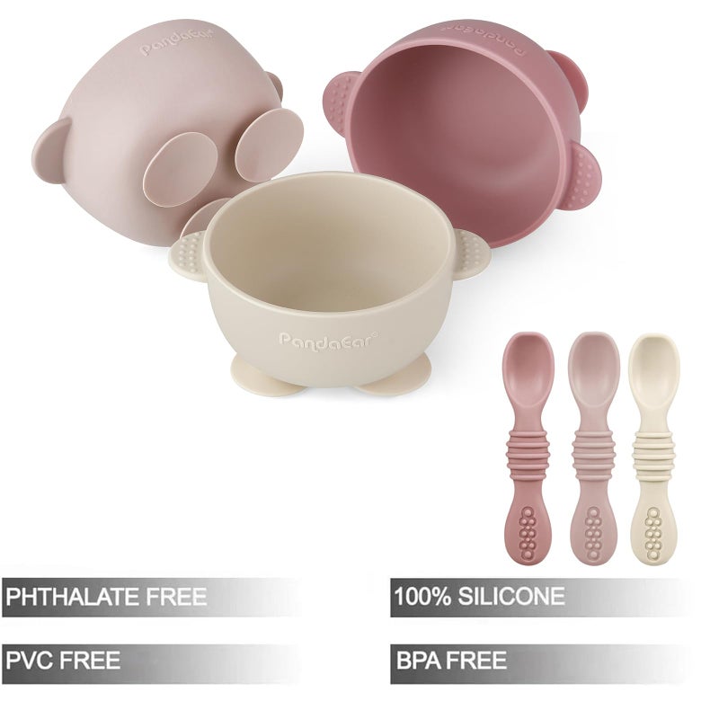 PandaEar 3 Pack Silicone Suction Baby Bowls & 3 Baby Feeding Spoons | Non-Slip Stay Put Bowls & Soft Silicone First Stage Spoons for Toddlers, BPA-Free Baby Led Weaning Set (Pink Rose Linen) - Image 2