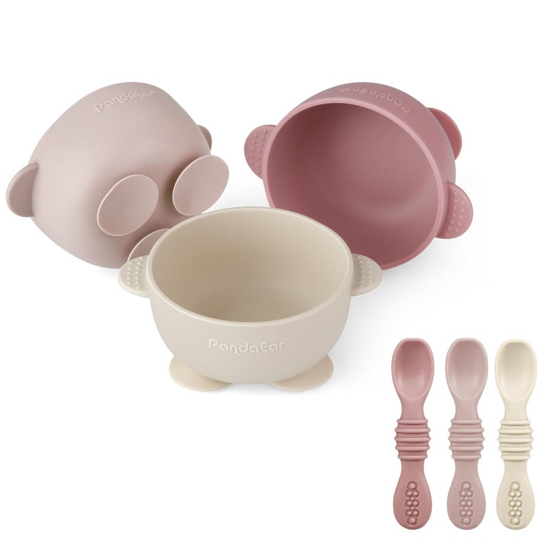 PandaEar 3 Pack Silicone Suction Baby Bowls & 3 Baby Feeding Spoons | Non-Slip Stay Put Bowls & Soft Silicone First Stage Spoons for Toddlers, BPA-Free Baby Led Weaning Set (Pink Rose Linen) - Image 1