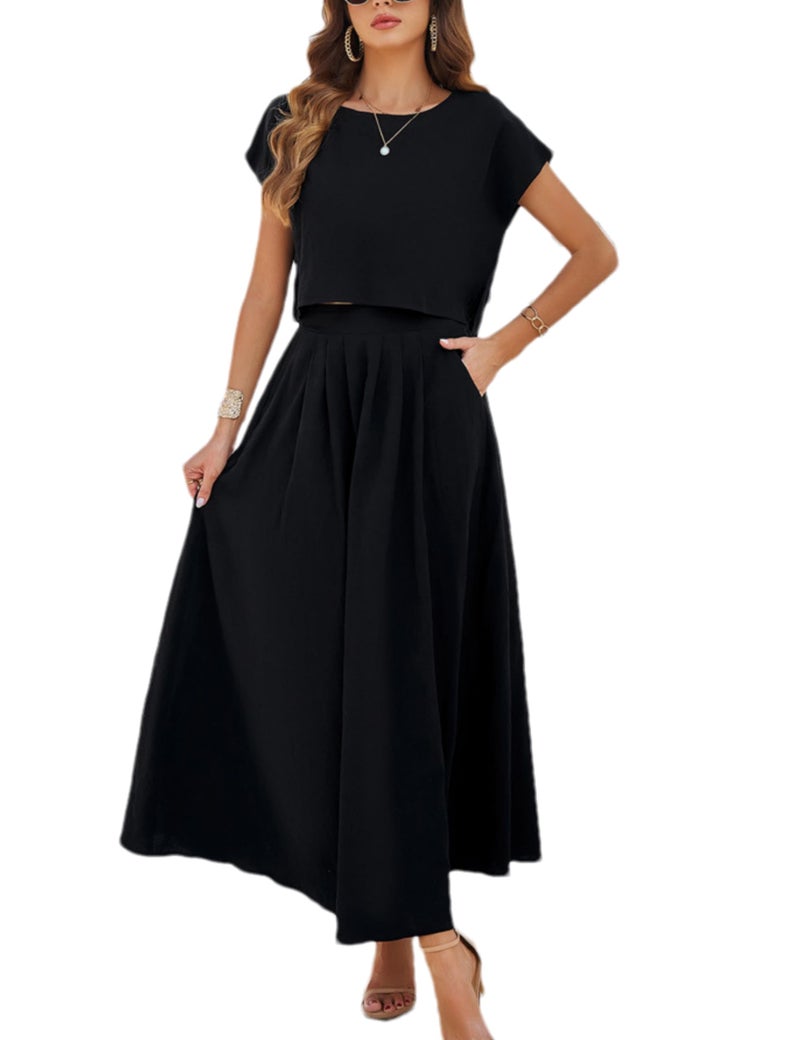 HangNiFang Summer Skirt Sets Women 2 Piece Outfits Cap Sleeve Top Elastic Waist Maxi Dress Sets with Pockets(1218-BlackX1-M) - Image 1