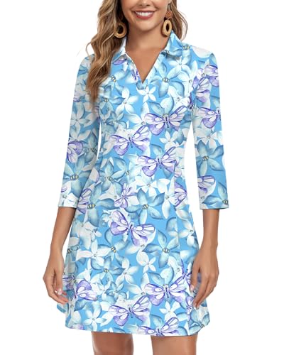 WOWENY 3/4 Sleeve Dress for Women with Pockets V Neck UPF 50+ Casual Sun Dress Breathable Quick Dry Beach Vacation (Floral Butterflies, M) - Image 1