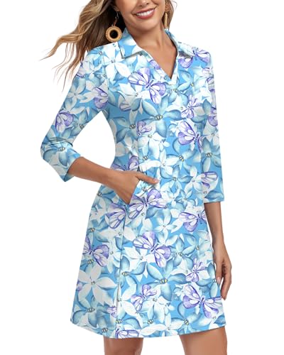 WOWENY 3/4 Sleeve Dress for Women with Pockets V Neck UPF 50+ Casual Sun Dress Breathable Quick Dry Beach Vacation (Floral Butterflies, M) - Image 2