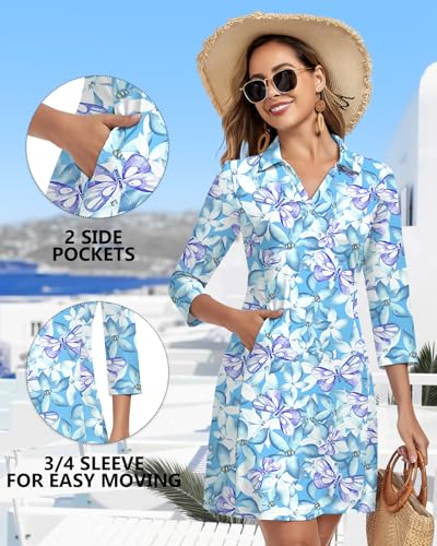 WOWENY 3/4 Sleeve Dress for Women with Pockets V Neck UPF 50+ Casual Sun Dress Breathable Quick Dry Beach Vacation (Floral Butterflies, M) - Image 4