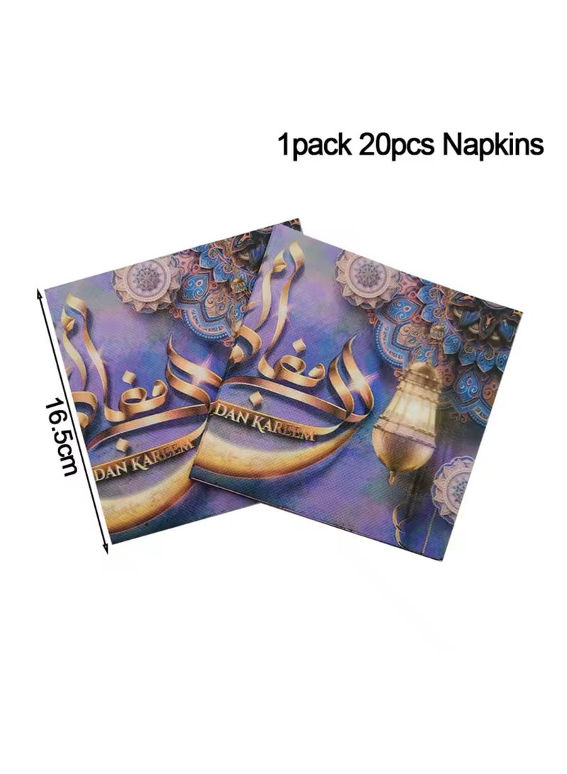 مجموعة واحدة من مناديل رمضان كريم الورقية 20 قطعة، مناديل مائدة احتفالية للشهر الكريم باللون الأرجواني الذهبي، مناديل للاستعمال مرة واحدة لتزيين طاولة الإفطار وحفلات العشاء - Image 4