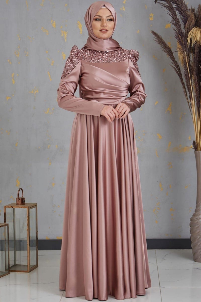 Esilanur Bersu Front Beaded Hijab Evening Dress Mink  - Image 1