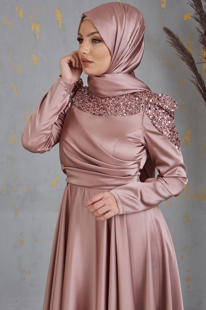 Esilanur Bersu Front Beaded Hijab Evening Dress Mink  - Image 2