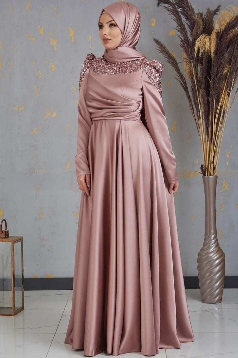 Esilanur Bersu Front Beaded Hijab Evening Dress Mink  - Image 4
