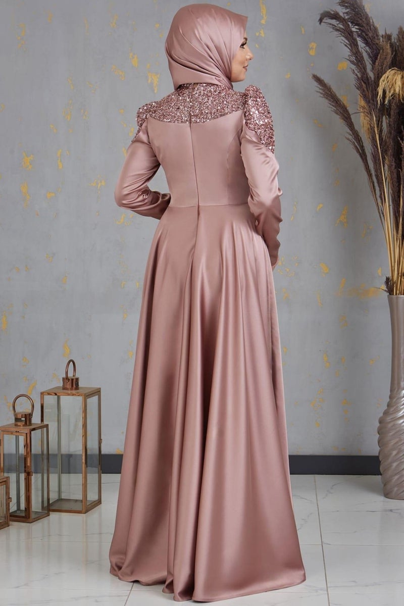 Esilanur Bersu Front Beaded Hijab Evening Dress Mink  - Image 3