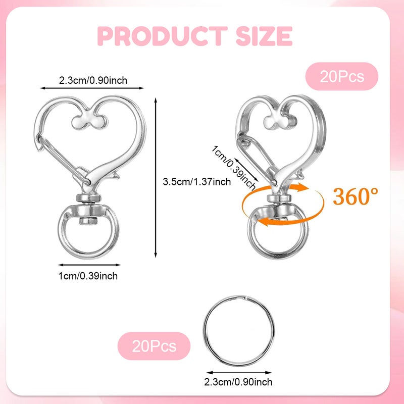 هانيا HANNEA® 20 قطعة مشابك فضية على شكل قلب، تصميم حلقة D دوارة، خطافات مفاتيح من سبيكة الزنك، مشابك أنيقة لعمل سحر الحقائب، مشاريع الحرف اليدوية والإكسسوارات - Image 2