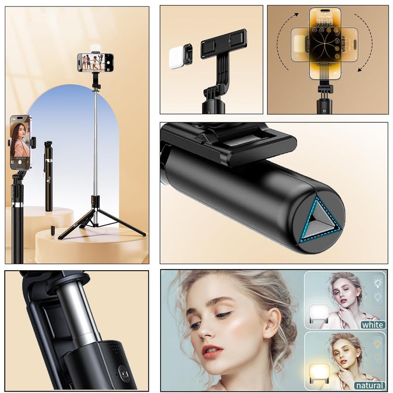 Hold Up عصا سيلفي ثلاثية القوائم طويلة مع ضوء، 67 بوصة / 170 سم ثلاثية القوائم المعززة للهاتف المحمول، عصا سيلفي متعددة الوظائف بلوتوث للسفر، الفلوغ، متوافقة مع آيفون وجميع الهواتف الذكية - Image 4