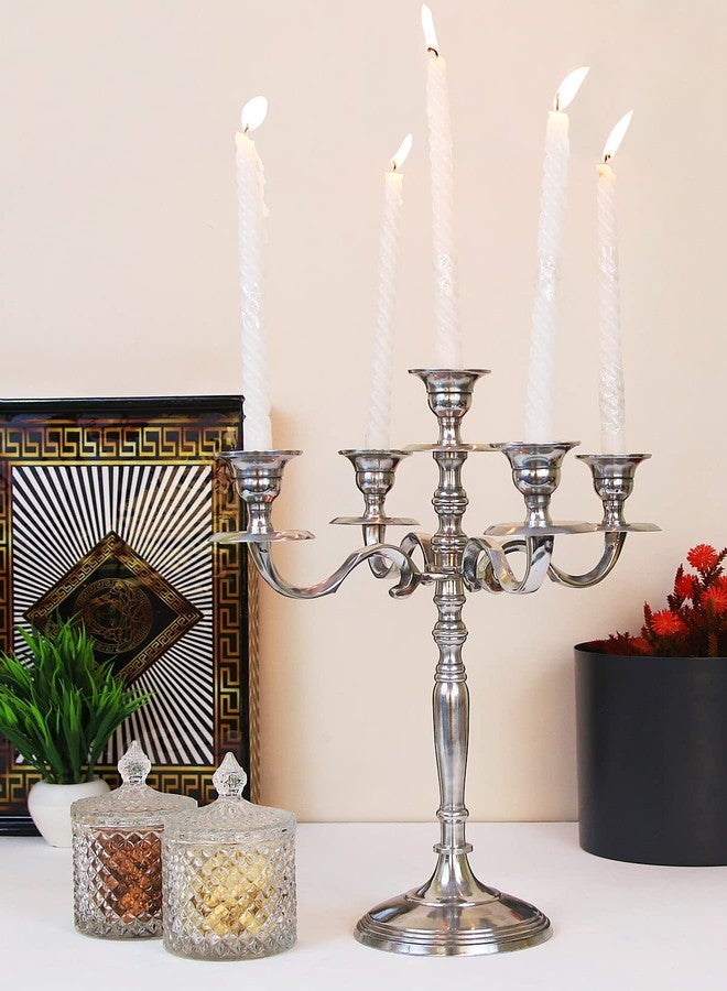 INDIAN ARTISANS Candelabra Candle Stand 5 Arms - Antique Vintage Candle Holder for Dining Table Decor - Silver Aluminium Wax Candle Holder, 16x13 inch, Table Candle Stand - Image 1
