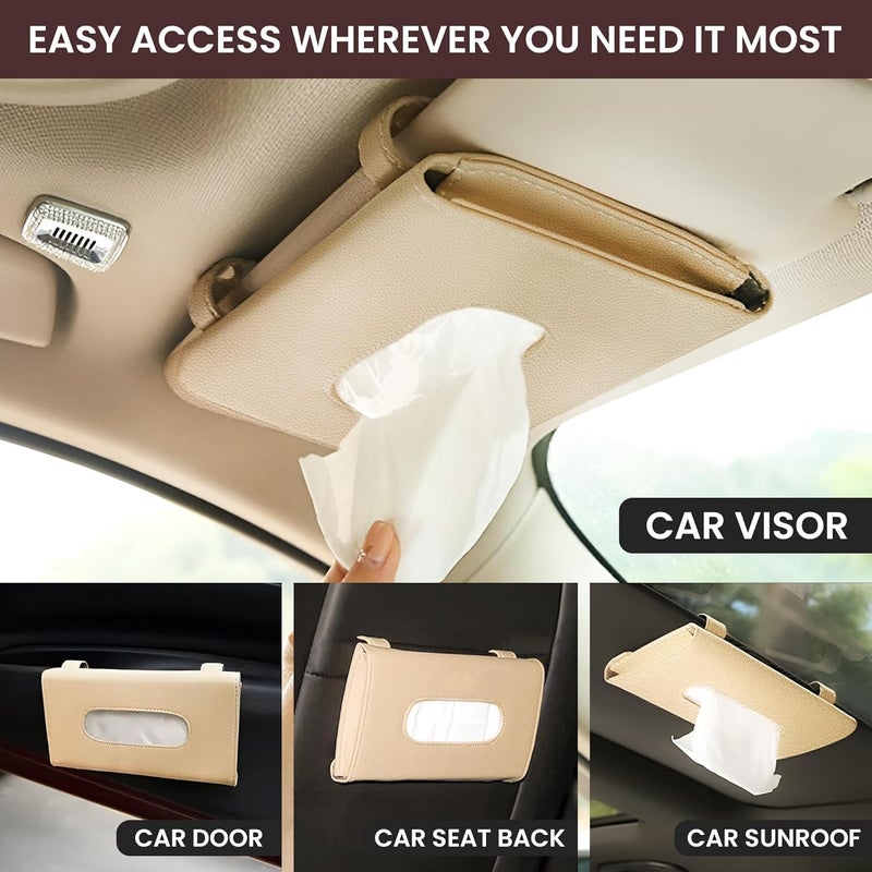 MOHILAA Car Tissue Holder for Sun Visor – PU Leather Tissue Case for Car, Truck, Backseat & Headrest | Visor Napkin Dispenser for Easy Access & Interior Organization (Beige) - Image 4