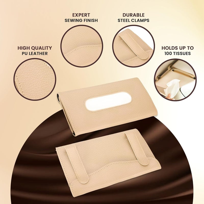 MOHILAA Car Tissue Holder for Sun Visor – PU Leather Tissue Case for Car, Truck, Backseat & Headrest | Visor Napkin Dispenser for Easy Access & Interior Organization (Beige) - Image 2