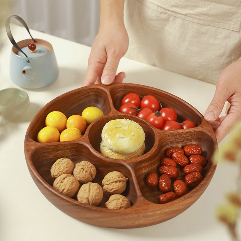 Nuts Storage Platter Tray Wooden Serving Tray Dessert Fruit Veggie Food Serve Plate for Party Family Dinner Holiday Home Warming 5 Grids - Image 1
