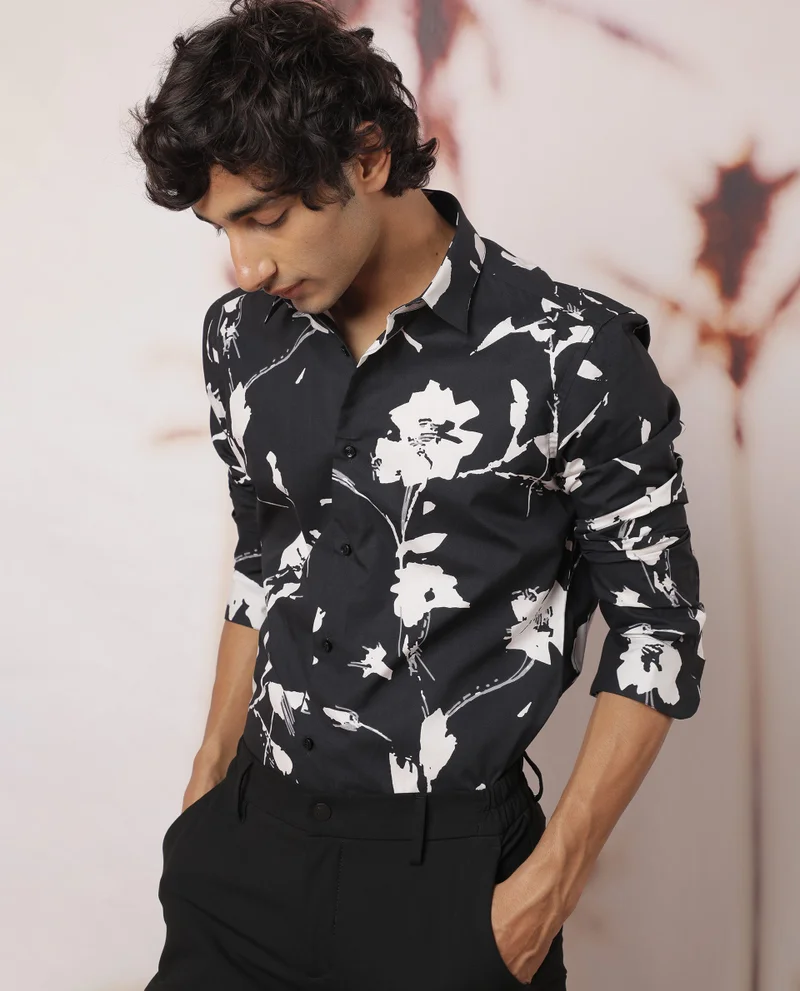Rare Rabbit Rare Rabbit Men's Sketcherr Black Cotton Fabric Floral Print Full Sleeves Shirt