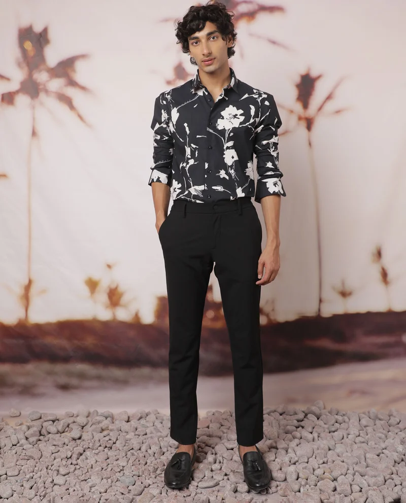 Rare Rabbit Rare Rabbit Men's Sketcherr Black Cotton Fabric Floral Print Full Sleeves Shirt