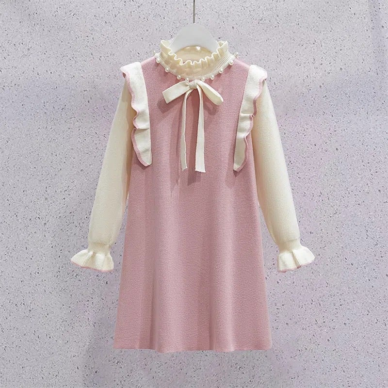 Girls dress autumn and winter new medium and large childrens long-sleeved sweater knitted skirt lace college style childrens skirt autumn clothing Pink