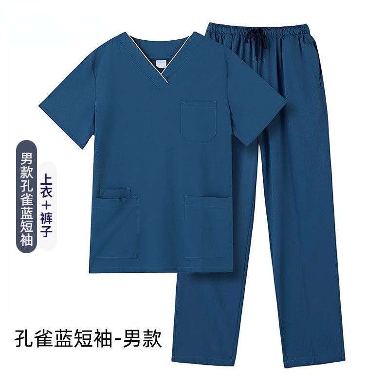 Quick-Drying Hand-Washing Clothes Surgical Clothes Elastic Womens Short-Sleeved Operating Room Nurse Work Clothes High-End Doctors Hand-Brushing Clothes Long-Sleeved Men's Peacock Blue Short-Sleeve suit 