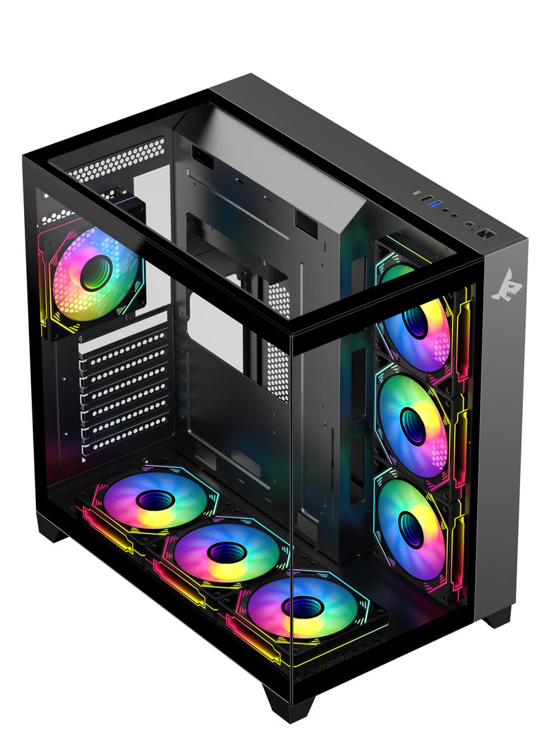 SHARX SHARX CASE PROFIN ATX Min-Tower Gaming PC Case (GX700-B), With 7X 120mm Pre-Installed  ARGB Fans, and Controller,  Tempered Glass,  I/O (Ports Type C*1 / USB3.0 *1 / USB2.0 *2 / Buttons Power/Reset), (Black)  - Image 1