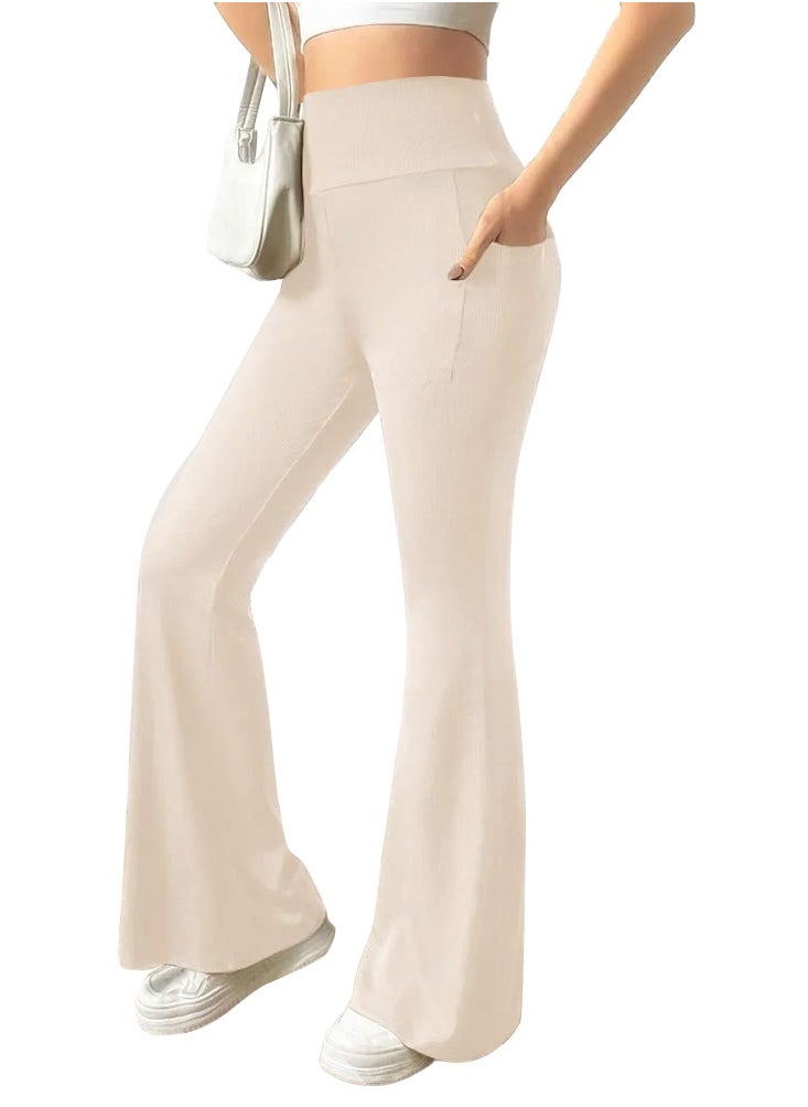 Nileton Ribbed Knit Wide Leg Pants - High Waist Flare Leggings With Pocket - Rib Knit Yoga Pants  - Image 1