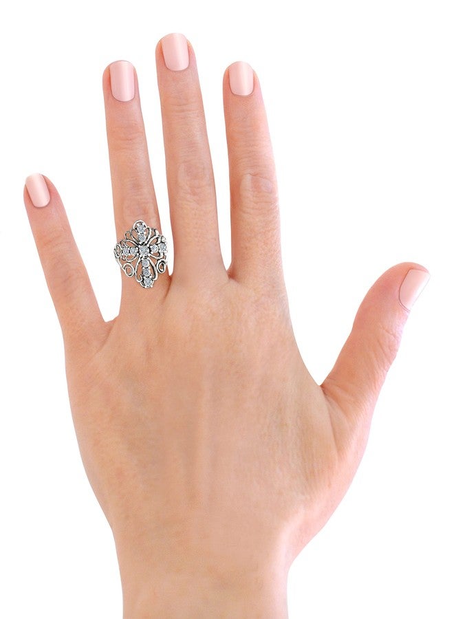 Savlano 18K White Gold Plated Round Cut Cubic Zirconia Filigree Cross Ring Women Religious Ring (8) - Image 3