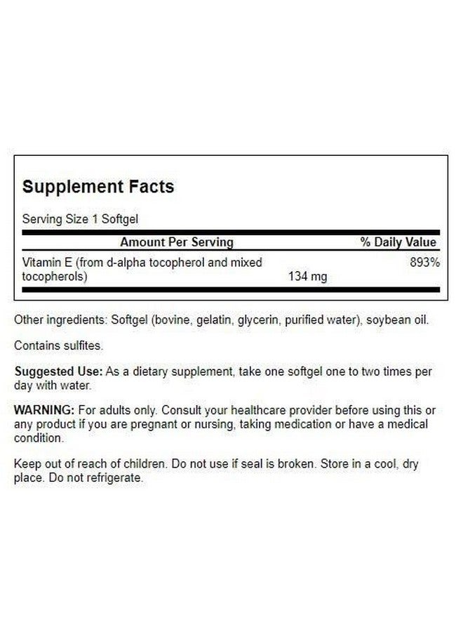 Swanson Vitamin E Mixed Tocopherols 200 Iu (134 Milligrams) 250 Sgels - Image 2