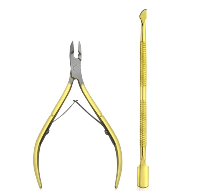 Generic NPAH 2PC Cuticle Trimmer with Cuticle Pusher Cuticle Nipper Professional Grade Stainless Steel Cuticle Remover Cutter Clipper Durable Pedicure Manicure Tools GOLD 2PC CUTICLE TOOLS  - Image 1