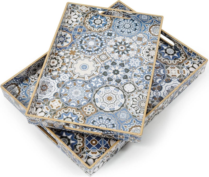 AGIOTA صينية تقديم AGIOTA 2 مع مقابض - صينية طاولة قهوة عثمانية زخرفية كبيرة باللون الأزرق - Image 1