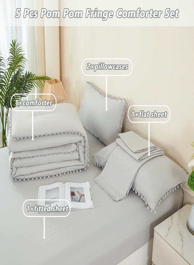 PERFEMET Light Grey Bedding 5 Pcs Full Size Bed in a Bag Set Pom Pom Fringe Boho Comforter with Sheets Ultra Soft Fluffy Down Alternative Solid Bedding Set for Boys Girls(Light Grey, Full) - Image 3