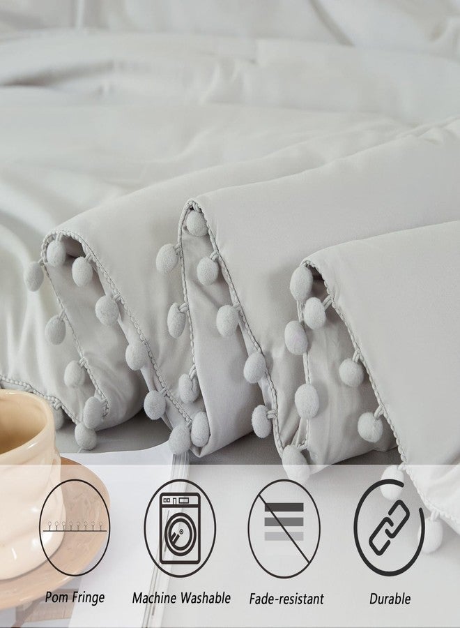 PERFEMET Light Grey Bedding 5 Pcs Full Size Bed in a Bag Set Pom Pom Fringe Boho Comforter with Sheets Ultra Soft Fluffy Down Alternative Solid Bedding Set for Boys Girls(Light Grey, Full) - Image 4