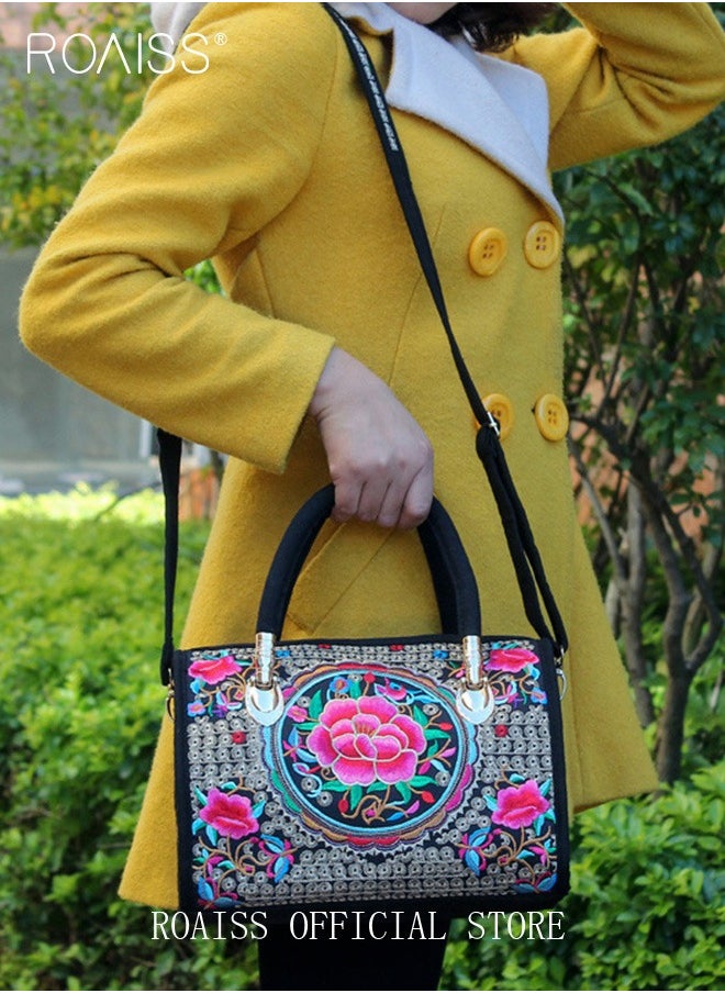 roaiss - Women's New Fashion Bags Ethnic Style Embroidered Portable Messenger Bag Floral Pattern Travel Shoulder Handbag - Image 1