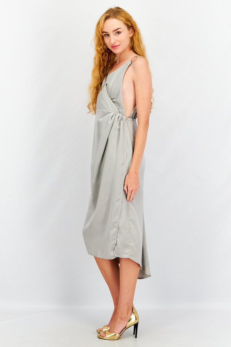 Yaura Women Plain Wrap Midi Dress, Grey - Image 3