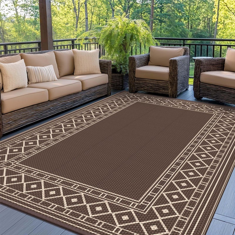 GENIMO Outdoor Rug Waterproof for Patio Decor 5x8 Reversible Plastic Straw Rug Carpet Camping Mat for Outdoor RV Backyard Deck Balcony Picnic Beach Coffee Beige