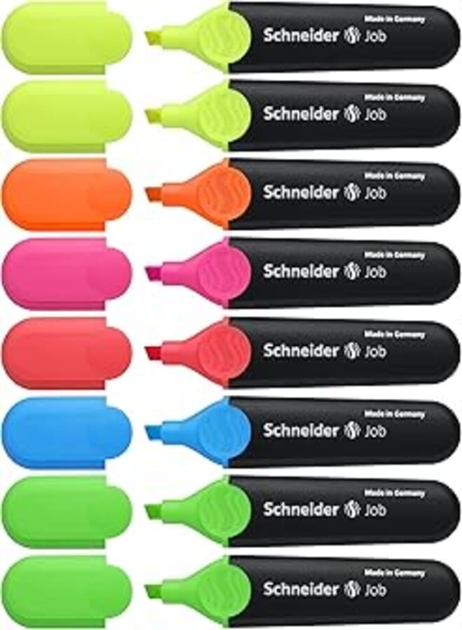 Schneider highlighter job refillable pens, assorted colours, pack of 8, yellow, orange, pink, red, blue, green)
