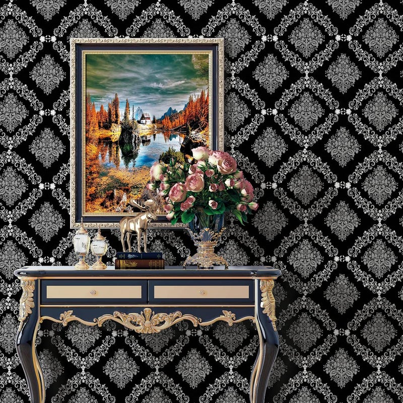 JZHOME H1238 Black Damask Peel and Stick Wallpaper 177 x 98ft Removable Contact Paper SelfAdhesive Damask Furniture Paper Vinyl Decorative Film