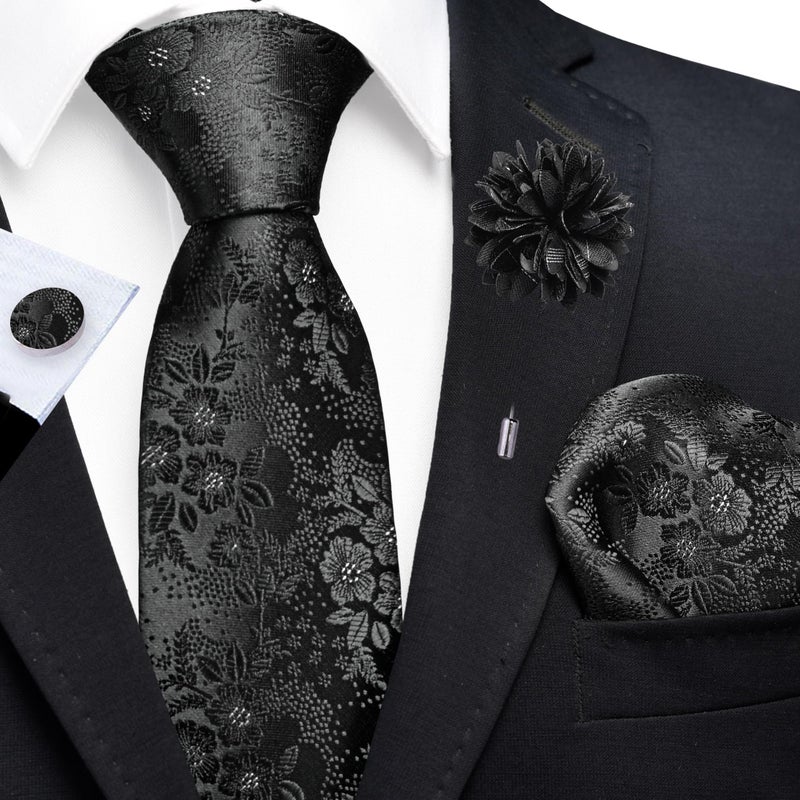 GUSLESON Black Tie for Men Wedding Silk Floral Necktie Pocket Square Cufflinks and Lapel Pin Brooch Set (6107-38) - Image 2