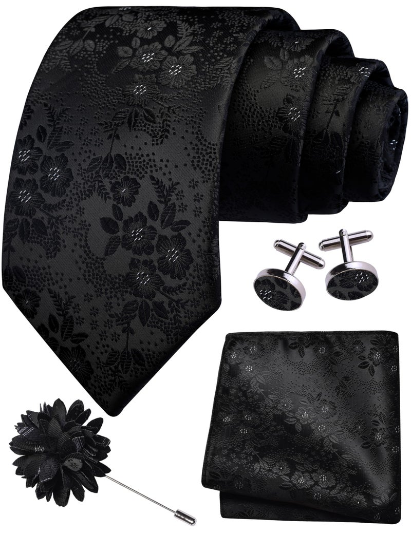 GUSLESON Black Tie for Men Wedding Silk Floral Necktie Pocket Square Cufflinks and Lapel Pin Brooch Set (6107-38) - Image 1