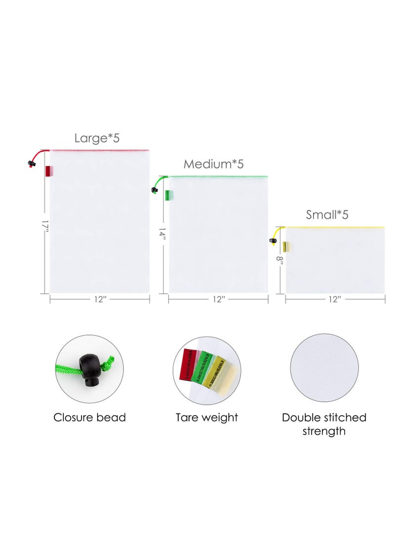 SYOSI Fruit Mesh Bags Set of 15 Reusable Produce Lightweight Washable Storage For Fruits Vegetables Toys Groceries Kitchen And Home Organize with Colorful Tare Weight Tags 3 Sizes - Image 4