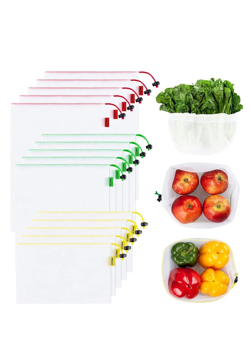 SYOSI Fruit Mesh Bags Set of 15 Reusable Produce Lightweight Washable Storage For Fruits Vegetables Toys Groceries Kitchen And Home Organize with Colorful Tare Weight Tags 3 Sizes - Image 1