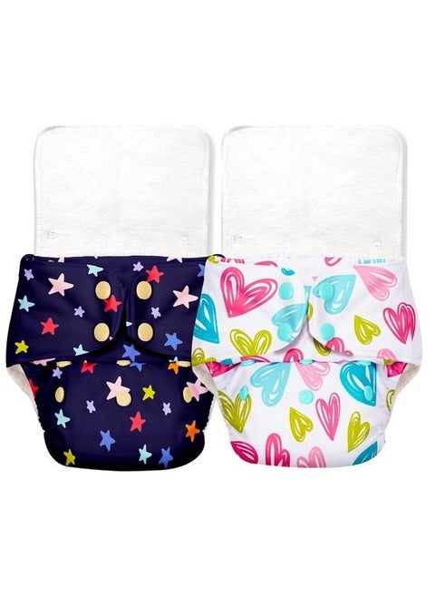 Basic Pack Of 4 (2 Shell + 2 Insert) Freesize Adjustable Washable And Reusable Cloth Diaper For Babies 0 3 Years ; Cloth Diaper For Babies With Wet Free Insert With Snaps ; Assorted (Print May Vary)