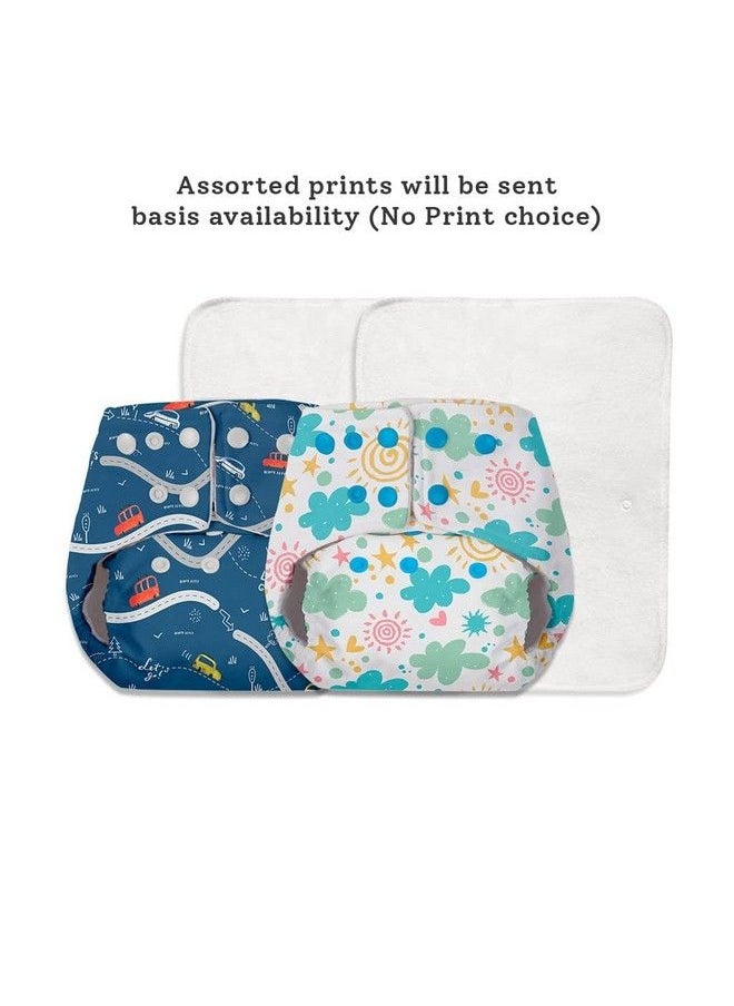 Basic Pack Of 4 (2 Shell + 2 Insert) Freesize Adjustable Washable And Reusable Cloth Diaper For Babies 0 3 Years ; Cloth Diaper For Babies With Wet Free Insert With Snaps ; Assorted (Print May Vary)