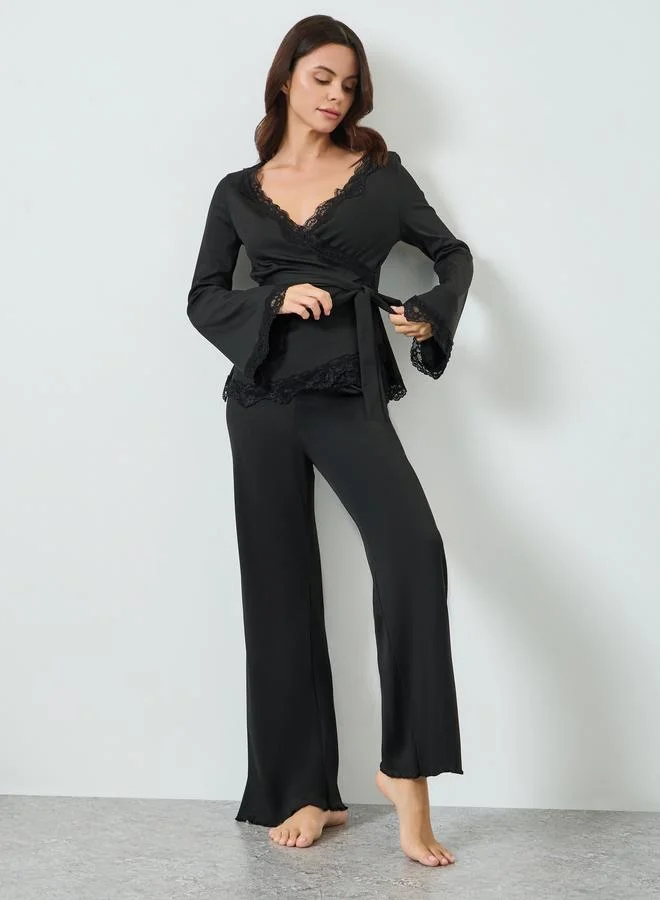 Black Lace Trim Wrap Tie Front Top and Pyjama Set