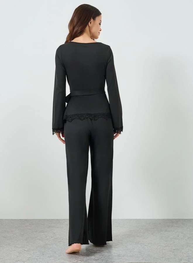 Styli  Black Lace Trim Wrap Tie Front Top and Pyjama Set for Women | Best Price UAE