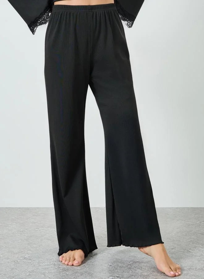 Styli  Black Lace Trim Wrap Tie Front Top and Pyjama Set for Women | Best Price UAE