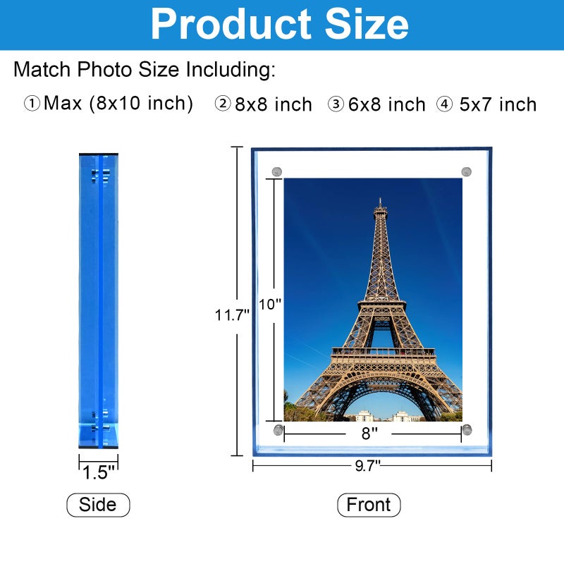 MFoffice 8x10 Picture Frame, Stunning Color Acrylic Floating Photo Frame, Use as 8x10, 6x8, 8x8 Picture Frame and Acrylic Tray, Horizontal and Vertical Formats for Tabletop Display, Blue, 1Pack - Image 2