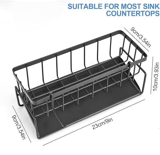 Bitrexup منظم حوض المطبخ المعدني – حامل إسفنجة مقاوم للصدأ مع صينية تصريف تلقائية، منظم حوض المطبخ وحامل الصابون والفرشاة، منظم حوض (أسود) - Image 2